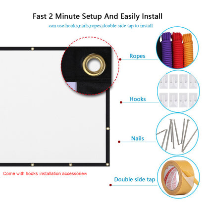 HighPeak Movie Screen with mounting accessories showing hooks, ropes, nails and double-sided tape for easy wall installation