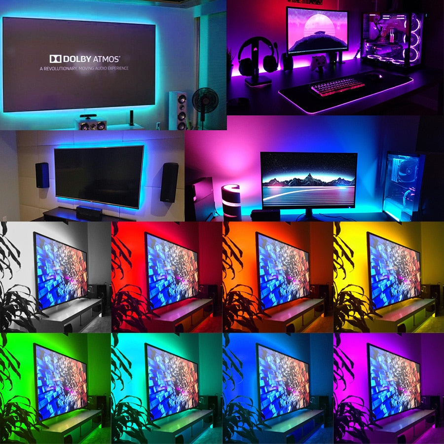HighPeak LED Lights - 100 Feet glowing in multiple colors around TVs and gaming setups creating vibrant ambient lighting.