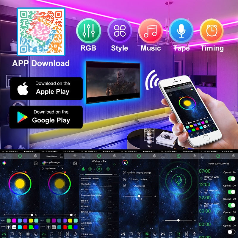 HighPeak LED Lights - 100 Feet in a modern living room with app-controlled RGB color and music sync features