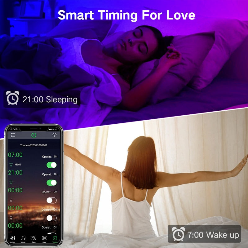 HighPeak LED Lights - 100 Feet shown with color-changing purple bedroom lighting and smart timing app for sleep and wake.