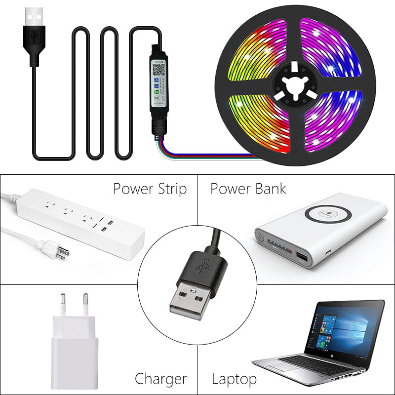 HighPeak LED Lights - 100 Feet roll with USB controller showing power options including charger, power strip, power bank, and laptop.