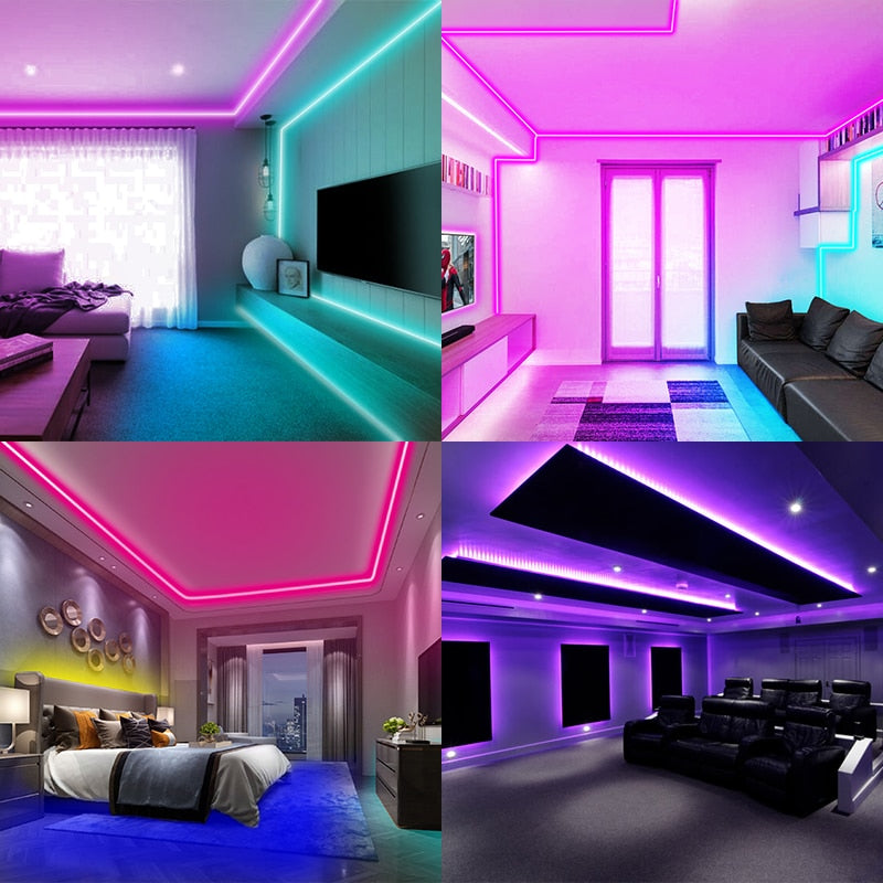 HighPeak LED Lights - 100 Feet glowing in vibrant pink and blue tones enhancing modern living rooms and bedroom spaces