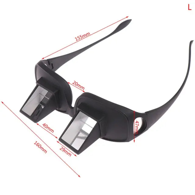 HighPeak Lazy Glasses in black showing prism lenses with measurements for ergonomic flat-viewing comfort