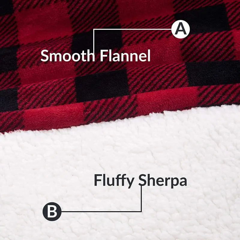 Oversized Hoodie Blanket featuring red and black buffalo plaid flannel exterior with white sherpa fleece interior lining - cozy comfort wear