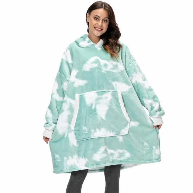 Oversized Hoodie Blanket in mint tie-dye pattern with large front pocket and cozy sherpa lining - perfect for lounging comfort