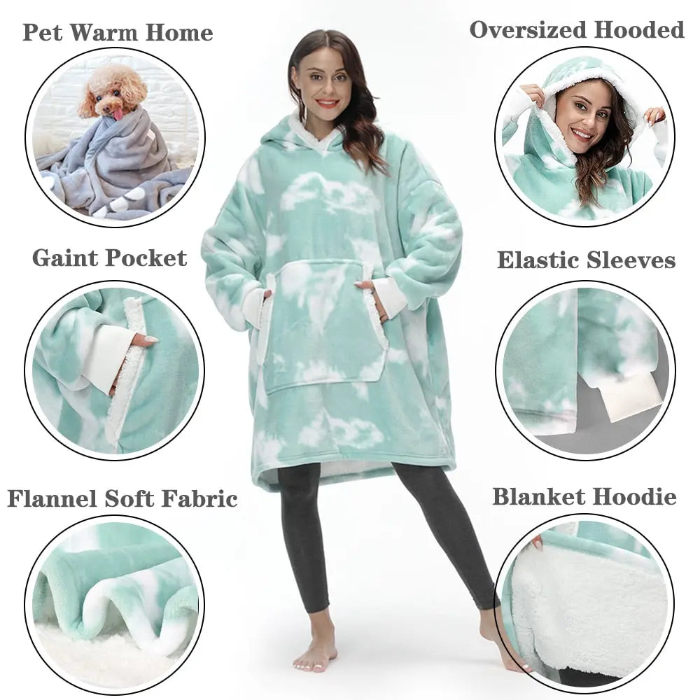 Oversized Hoodie Blanket in mint tie-dye pattern with sherpa lining, elastic sleeves and front pocket, shown with product features