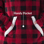 Oversized Hoodie Blanket in red and black buffalo plaid pattern with sherpa-lined pocket detail and cozy winter design