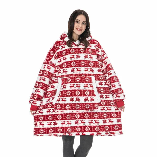 Oversized Hoodie Blanket in red and white Nordic pattern with reindeer and snowflakes - cozy winter wearable blanket with hood