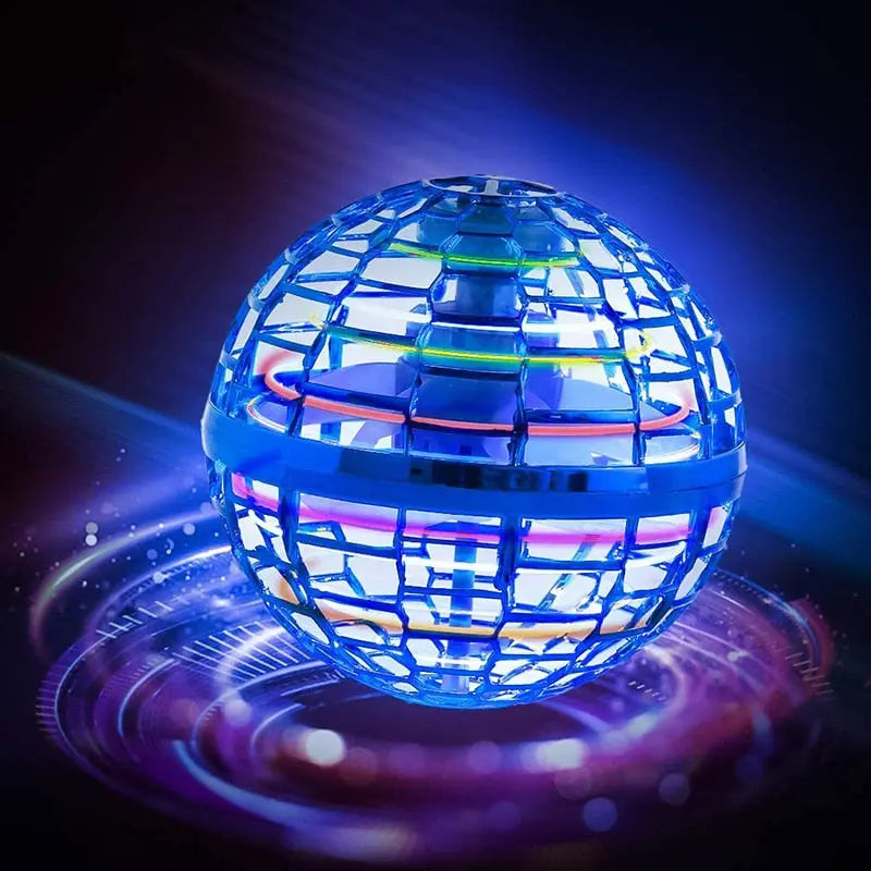 RoboFly flying orb toy glowing in blue with illuminated cage design against dark background with dramatic lighting effects