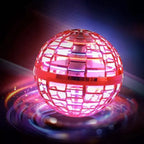 RoboFly illuminated flying orb toy in red with glowing LED cage design floating against dark background with light effects