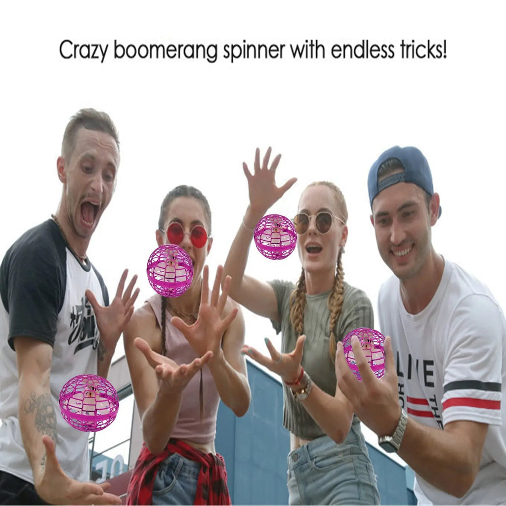 RoboFly flying fidget toy shown in action with friends playing outdoors, demonstrating aerial spinning and catching motions