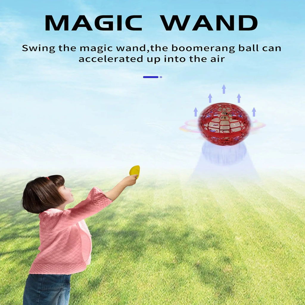 RoboFly flying orb in red with protective cage design shown floating above ground while child plays with magic wand controller