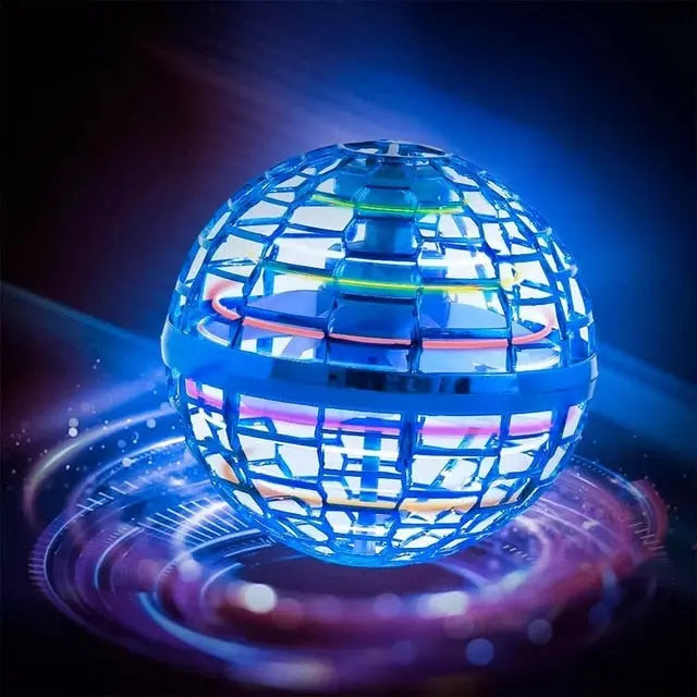 RoboFly flying orb toy with blue LED lights and protective cage design against dark background - hover effect display