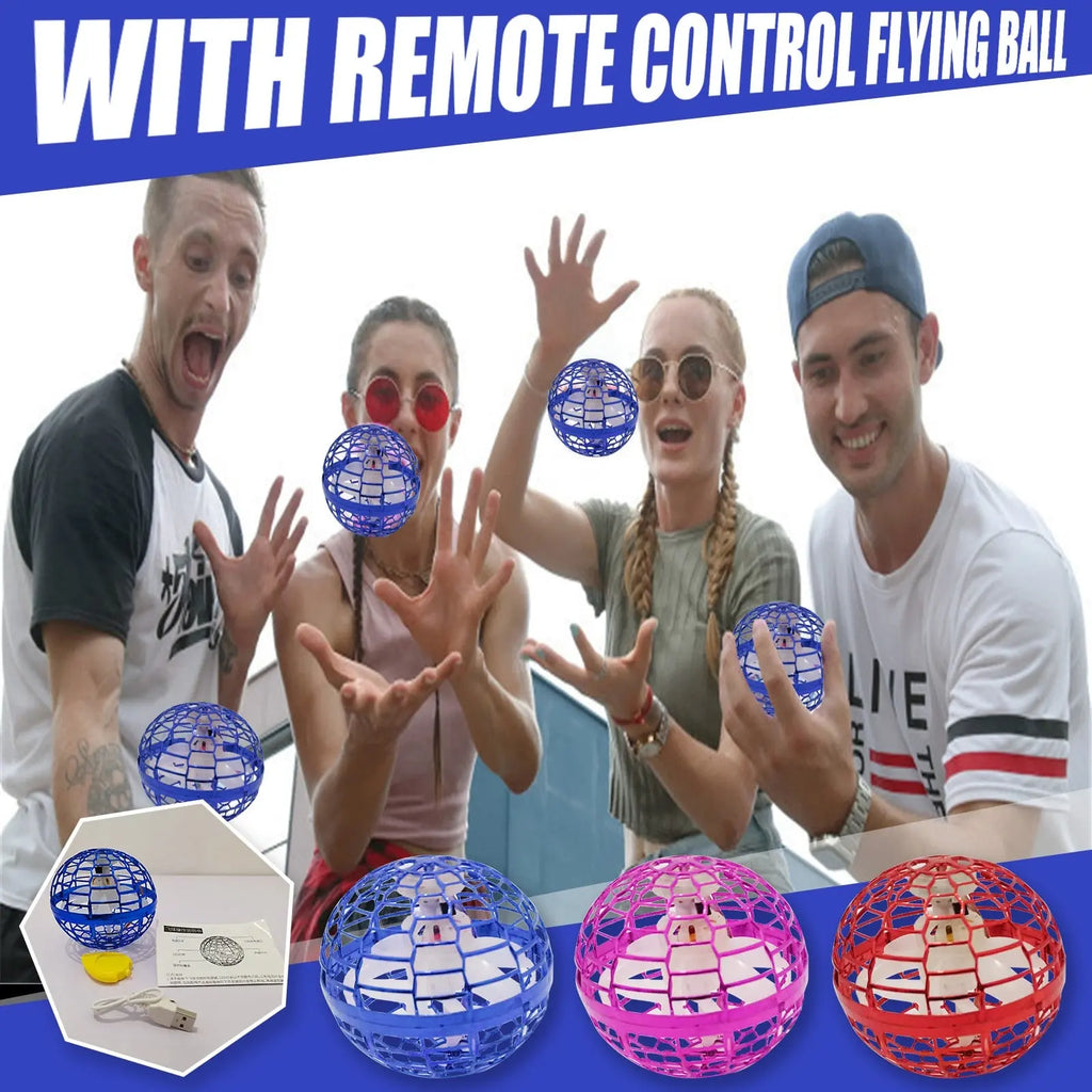 RoboFly flying orb toy shown in blue, pink and red variants with people playing and tossing the illuminated drone ball