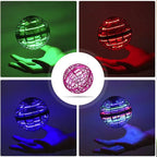 RoboFly illuminated flying orb shown in green, red, blue, and pink variations hovering over hands with ambient glow effect