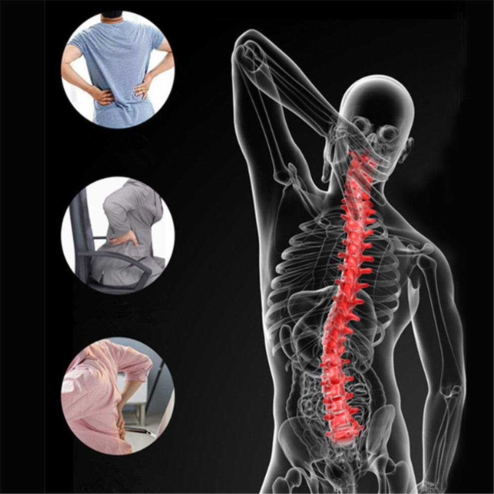SpineCracker back stretcher device shown with anatomical spine illustration and 3 usage positions for lumbar pain relief