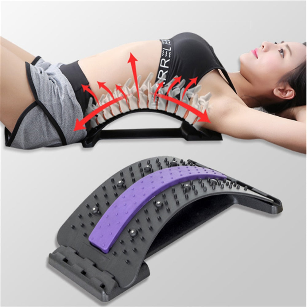 SpineCracker back stretcher in black and purple with ergonomic curve design and massage points - lumbar support device