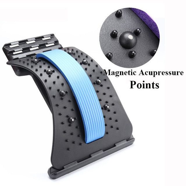 SpineCracker back stretcher with blue cushion pad and magnetic acupressure points - lumbar pain relief device
