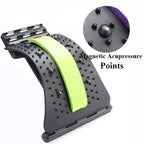 SpineCracker back stretcher with magnetic acupressure points and neon green cushion - lumbar support device for pain relief