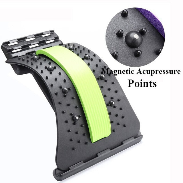 SpineCracker back stretcher with magnetic acupressure points and neon green cushion - lumbar support device for pain relief