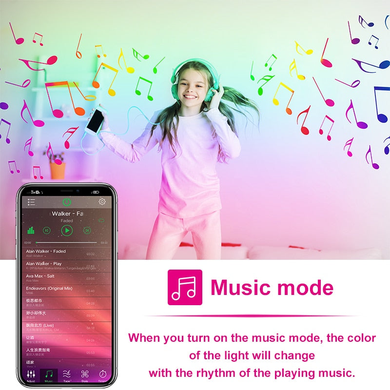 HighPeak LED Lights - 100 Feet showing color-changing strip syncing to music mode in vibrant room with girl enjoying music