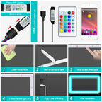 HighPeak LED Lights - 100 Feet with USB controller, remote, app control, and easy adhesive installation steps shown.